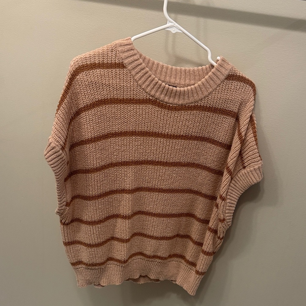 Striped Short-Sleeve Knit Sweater in Blush and Brown